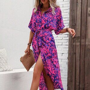 Multicolor Boho Womens Allover Print Batwing Sleeve Belted Shirt Dress